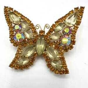 Weiss Signed Butterfly Brooch Aurora Borealis Citrine and Gold Colored Rhineston